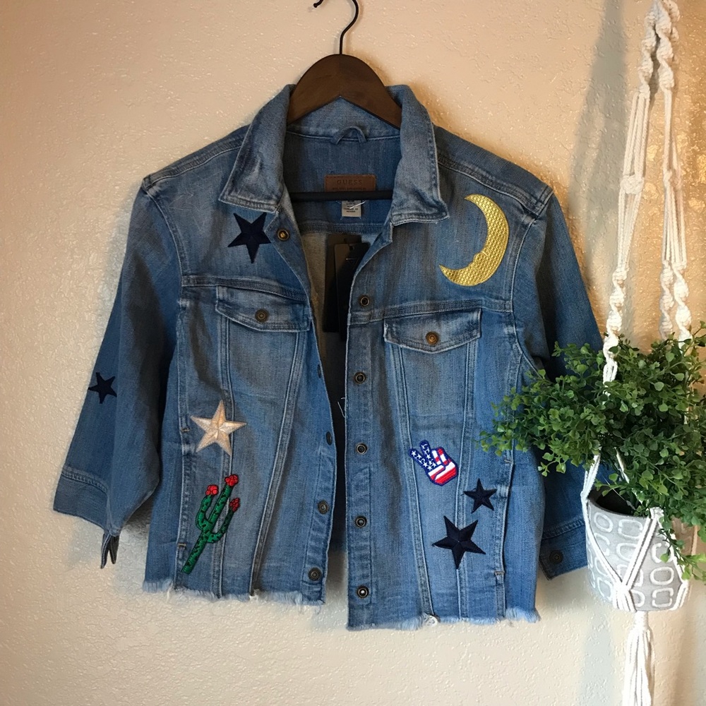 NWT GUESS Patched Shrunken Denim Jacket